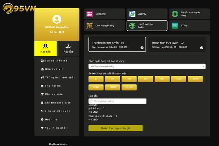 Nắm rõ các phương thức nạp tiền của 95VN
